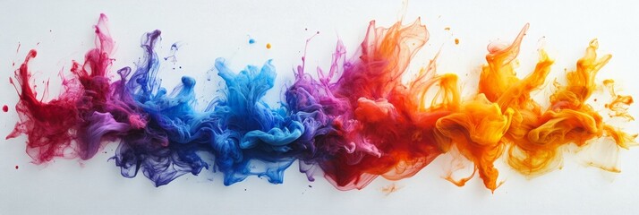Vivid ink splashes on pristine canvas, dynamic colors merging and flowing, creating an abstract visual symphony of hues and forms