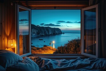 Fototapeta premium Window see sea cliffs furniture outdoors nature.