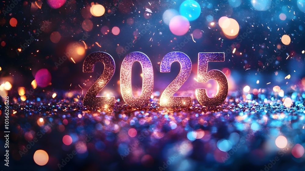 Poster dazzling 2025 new year countdown backdrop featuring bold metallic numbers amidst a vibrant display o
