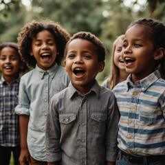 A group of children stood in an open area. They are singing happily.