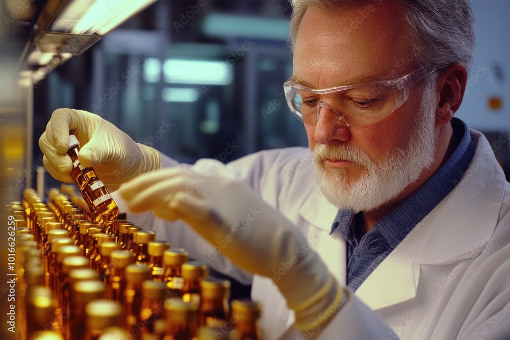 Poster A scientist in a lab coat tinkers with a machine, one informative phrase about what pictured on image and a one phrase with a short advice of where may be used this picture.