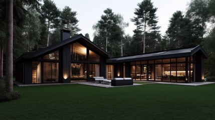 Obraz premium Modern black house with large glass windows in a forested area. The house features a spacious outdoor patio with seating and interior ambient lighting visible.