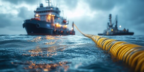 Undersea Fiber Optic Installation, A ship lowers fiber optic cable into the ocean, with equipment softly blurred in the background, conveying advanced technology.