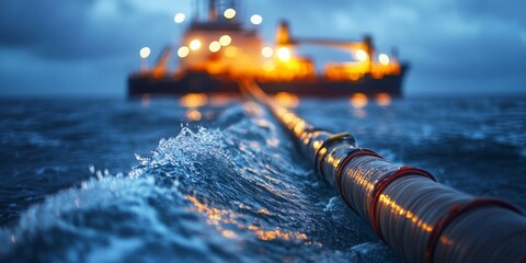 Undersea Connection, fiber optic cable deployment from a ship, ocean depths, blurred maritime equipment, technological advancement in communication
