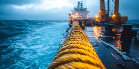 Undersea Connectivity Installation, Fiber optic cable deployment from a vessel, maritime equipment in soft focus, oceanic expanse surrounding.