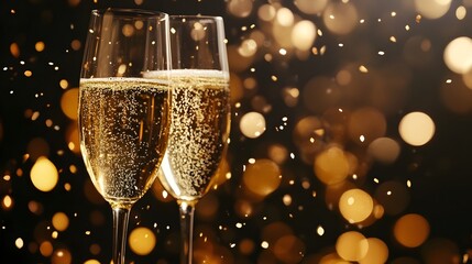 Champagne themed Happy New Year backdrop featuring sparkling champagne glasses luxurious golden bubbles and a dazzling festive atmosphere perfect for other joyous events