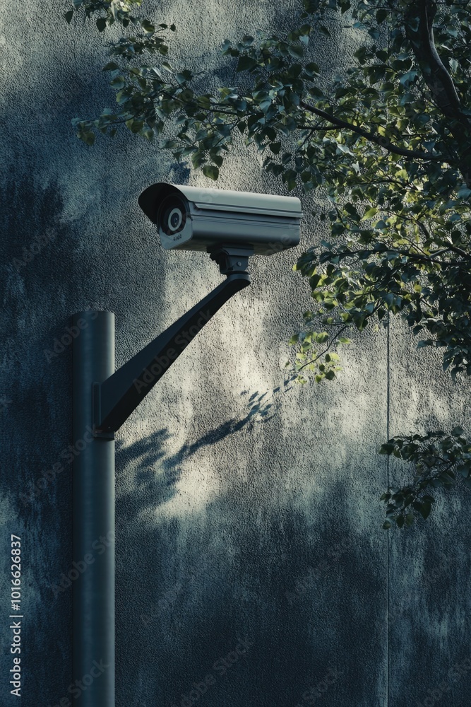 Poster A security camera mounted on the side of a building providing a view of the surrounding area.