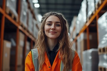 A woman wearing an orange jacket stands in a warehouse, likely waiting for something or someone.