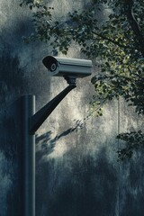 A security camera mounted on the side of a building providing a view of the surrounding area.