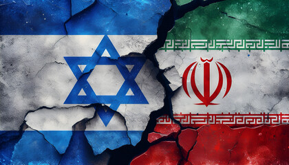 The flags of Israel and Iran, separated by a deep crack in the wall between them.