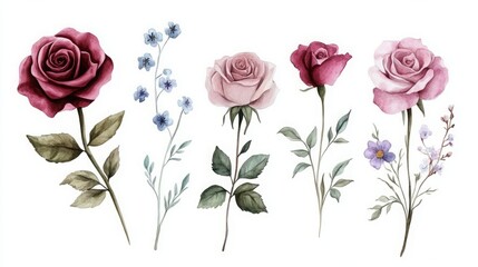 A collection of watercolor floral illustrations featuring various roses.