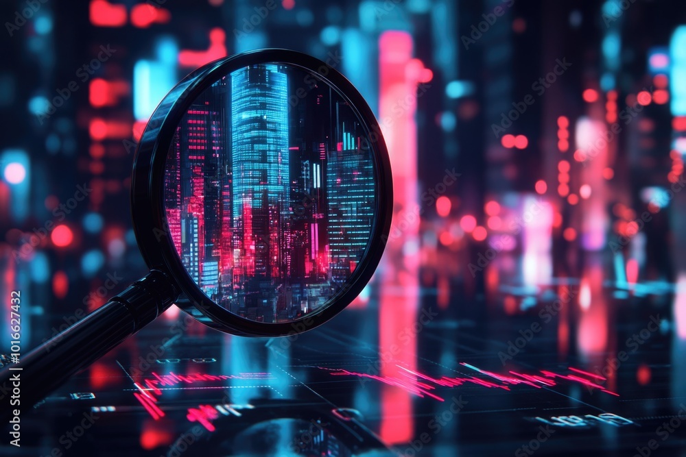 Poster a close-up of a magnifying glass with a city skyline in the background, suitable for use in educatio
