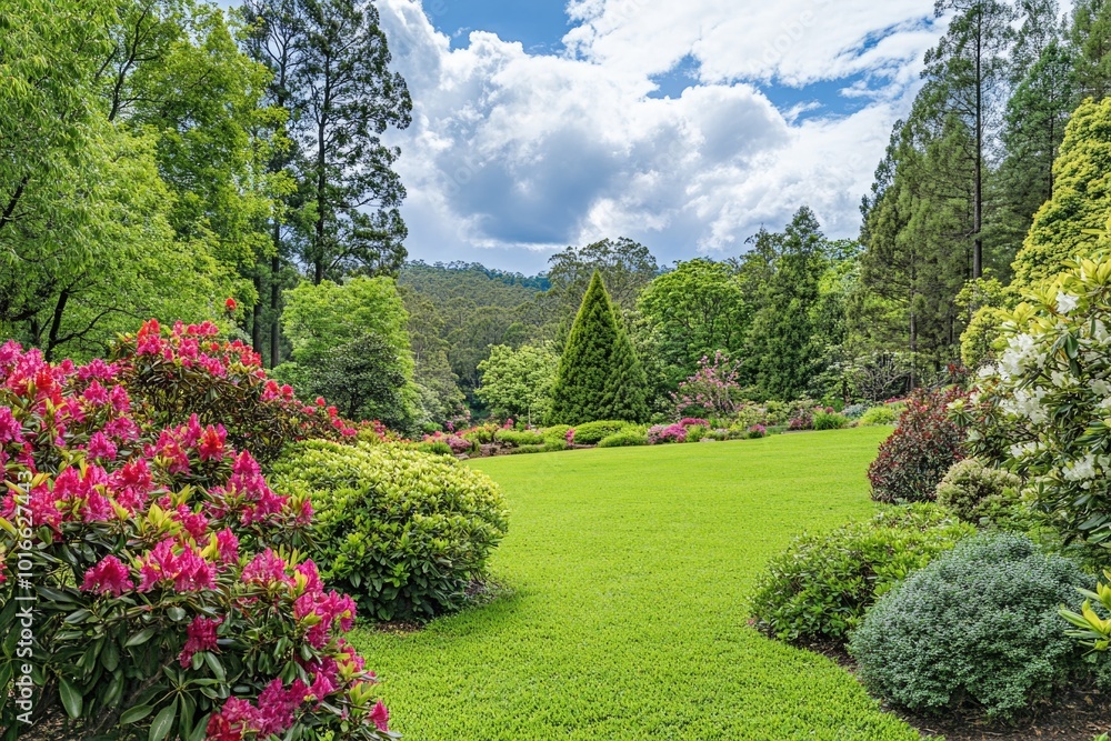 Poster A picturesque scene of a lush green field filled with various types of flowers.