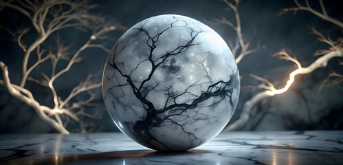 The Orb of Veins: A surreal and captivating image of a large, cracked orb with veins branching throughout its surface, set against a backdrop of glowing branches.