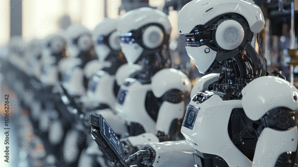 Aufkleber a row of humanoid robots in a factory setting, showcasing advanced technology and automation.