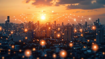 Fototapeta premium Smart City at Sunset: Interconnected Network and Technology