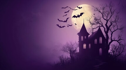 Cartoon-style Halloween icons with a haunted house, creepy tree, moon, and flying bats on a purple background.