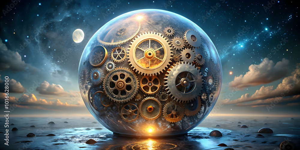 Aufkleber cosmic clockwork: a surreal masterpiece depicting a transparent sphere filled with intricate golden 