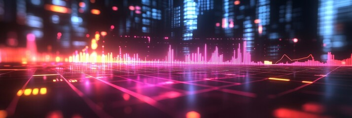 Fototapeta premium Holographic financial growth visualization featuring ascending charts and vibrant neon grids, emphasizing dynamic market trends and data analysis