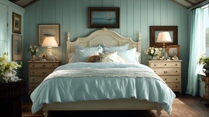 Coastal-inspired bedroom with light blue tones, natural textures, and seashell accents