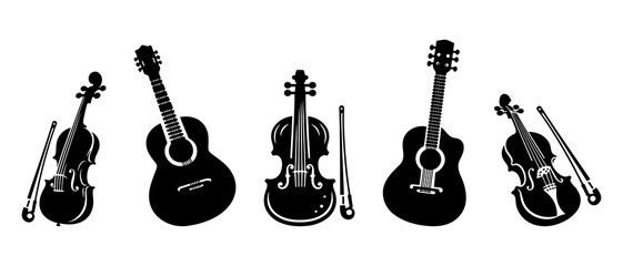 Fototapeta premium Guitar and Violin silhouette black filled vector Illustration icon