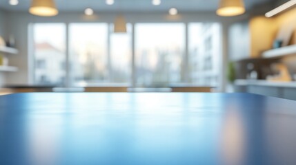 Fototapeta premium A bright kitchen featuring an empty blue countertop, with the interior blurred to focus on the surface, perfect for mockups or product displays