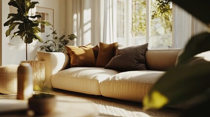 Fototapeta premium A cozy living room with a modern sofa, chic decor, and natural lighting streaming in, creating a warm and inviting home interior