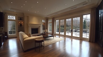 Fototapeta premium Transitional living room combining traditional and modern design elements with a neutral palette
