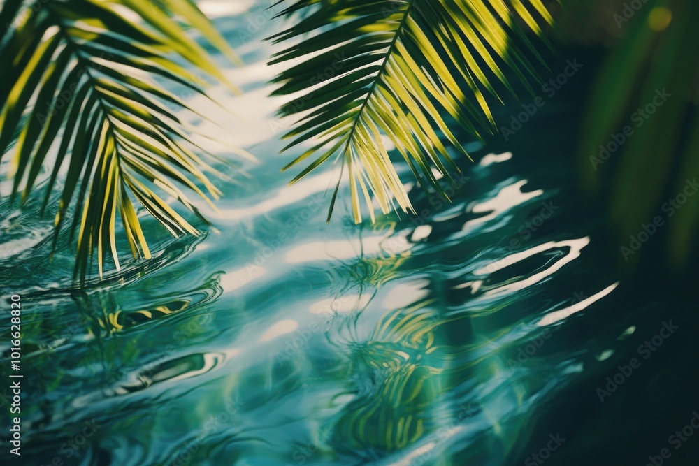 Poster close-up image of a palm leaf submerged in water.