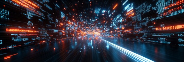 Fototapeta premium Holographic Stock Market Dynamics, vibrant digital landscape showcasing data streams and virtual trading activity in a futuristic setting