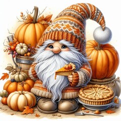 Whimsical gnome holding pie among pumpkins and autumn decor.