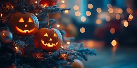 Halloween meets Christmas, illuminated jack-o'-lanterns beneath a festive tree adorned with eerie ornaments, twinkling lights create a whimsical atmosphere