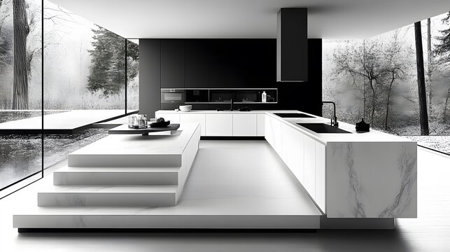 Minimalist kitchen with open shelving, clean lines, and a monochrome palette