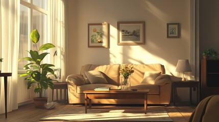 Fototapeta premium A serene living room interior with contemporary furniture, natural lighting, and stylish decor, perfect for showcasing a cozy home atmosphere