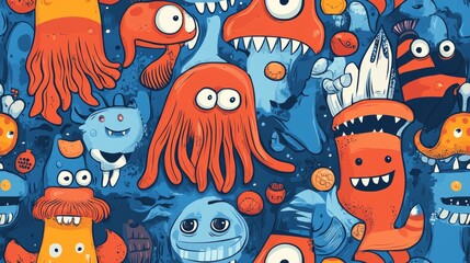 Playful Monster Doodles Seamless Pattern - Cute and Colorful Cartoon Creatures for Kids' Designs, Fabric, Wallpaper, and More
