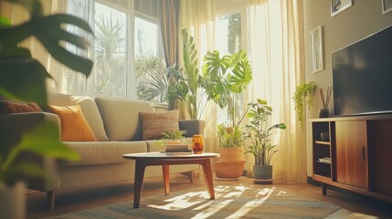 A serene living room interior with contemporary furniture, natural lighting, and stylish decor, perfect for showcasing a cozy home atmosphere