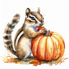 Fototapeta premium A cute chipmunk holding a pumpkin.