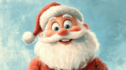 Naklejka premium Cute Santa with exaggerated eyes and a big smile, standing in front of a pastel blue background.