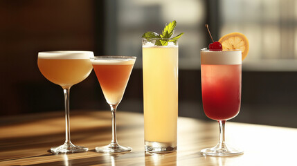 Selection of cocktails martini champagne large beer variety of alcoholic drinks