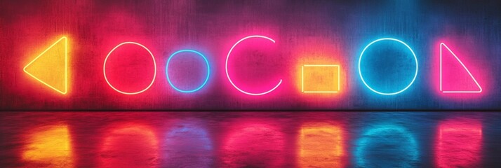Obraz premium Neon geometric shapes glowing on a sleek dark surface, vibrant colors contrasting with deep shadows, creating a modern visual experience