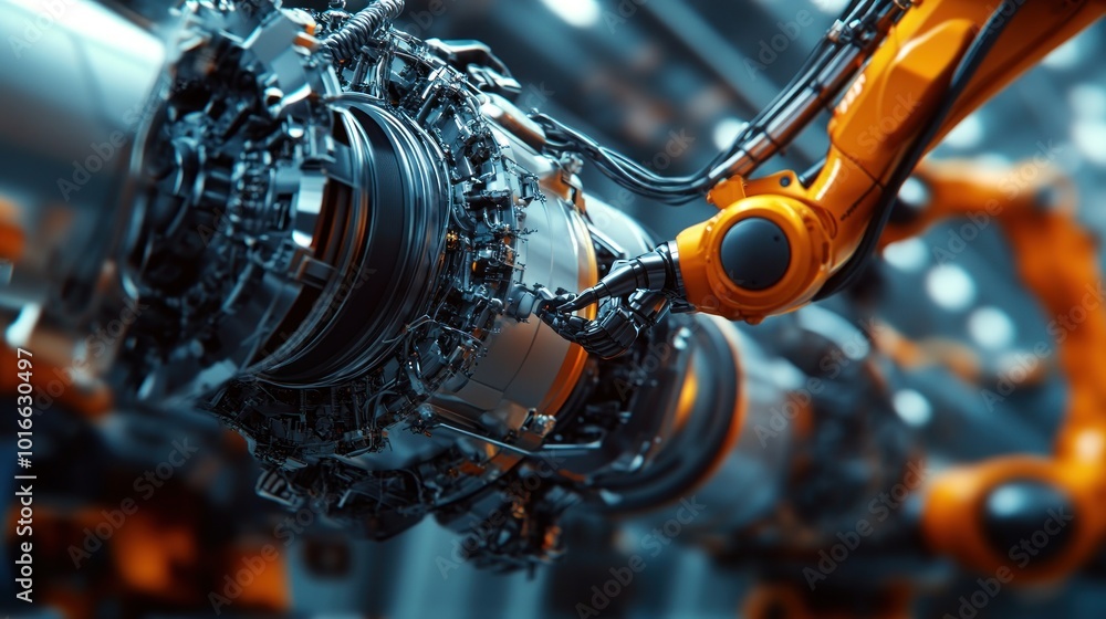Poster a robotic arm assembling a complex mechanical component in an industrial setting.