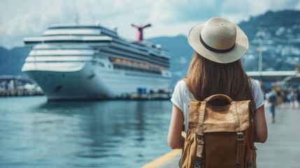 Fototapeta premium A tourist young woman with a hat and backpack looking at a cruise ship in port. Travel concept for young people traveling on vacation. with copy space