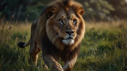 Fototapeta premium A majestic lion with a golden mane walks through tall grass in a nature reserve.