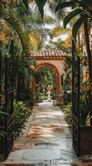Fototapeta premium A beautiful garden pathway framed by lush greenery and elegant arches, inviting visitors to discover its hidden charm.