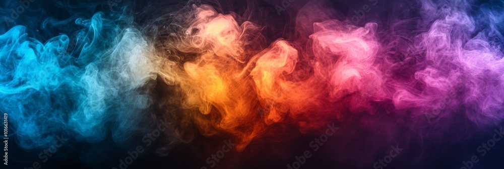 Poster vibrant smoke patterns in a spectrum of colors dance against a deep shadowy backdrop, creating a mes