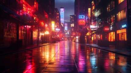 Obraz premium Neon City Street Wet Pavement Night Rain Reflections