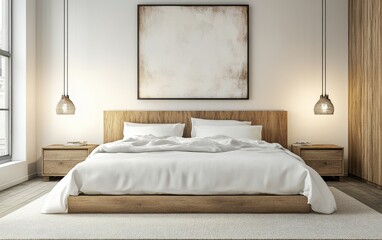 A serene bedroom featuring a wooden bed, neutral colors, and pendant lights, creating a calming atmosphere.