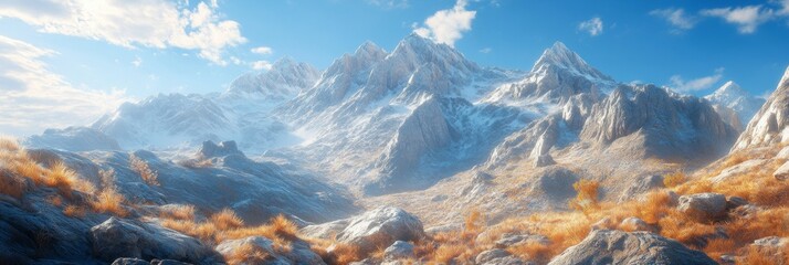 Obraz premium Jagged Rocky Mountain Peaks, rugged terrain with boulders, showcasing the raw beauty of nature's grandeur and wilderness.