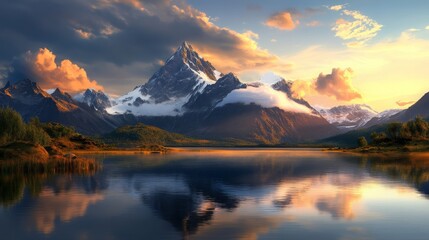 Fototapeta premium Majestic Mountain Peak Reflection in Calm Lake at Sunset