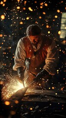 A blacksmith working with fire and metal, creating sparks of creativity in a traditional forge setting.